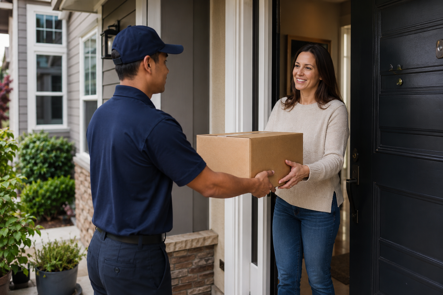 Courier delivering a parcel to a customer at home